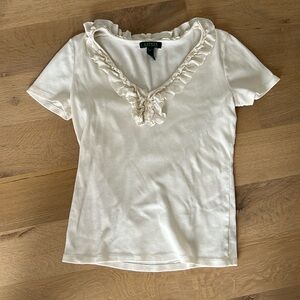 Lauren Ivory short sleeve cotton Ruffle Shirt